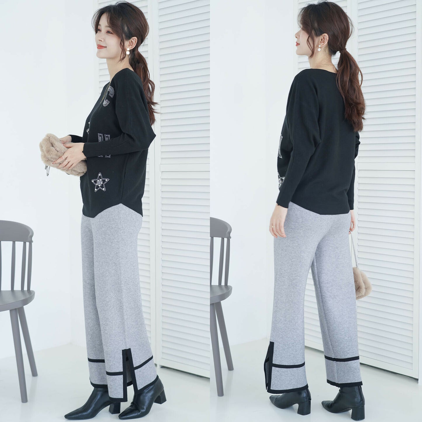 Cropped Pants with Side Slit (With Wool)